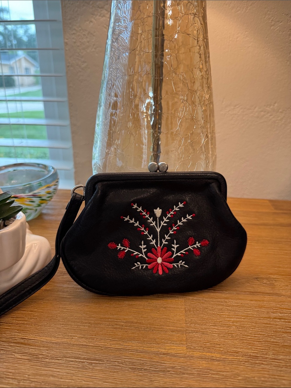 Fossil Black Leather Wristlet Clutch with Red & White Floral Embroidery